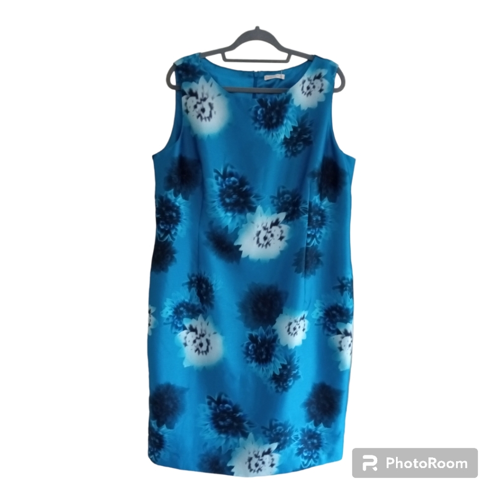 Jacques Vert Teal Blue Floral Shift Dress Size 18